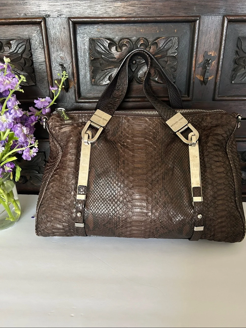 Michael Kors Brown Textured Leather Satchel with Silver-Tone Hardware